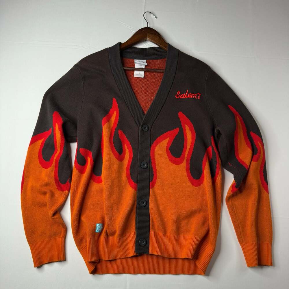 Salem7 Flame Pattern Knit Button-Down Cardigan